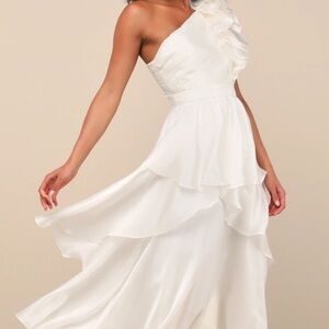 Lulu's Ivory One-Shoulder Ruffle Dress